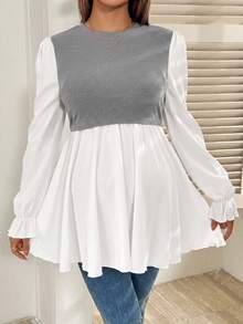 SHEIN 孕婦拼色圓領長袖休閒哺乳上衣 秋季 - 灰色 - 查看 4