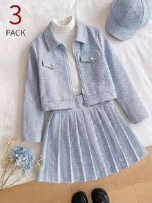 SHEIN Elladie kids ملابس خريفية للفتيات المراهقات 3 قطع/مجموعة جاكيت كارديجان أزرق بودرة مع أزرار لؤلؤية بيضاء وسحاب علوي مع قميص بدون أكمام مضلع خريف العودة إلى المدرسة كاجوال لطيف عائلي - الأزرق - مشاهدة 10