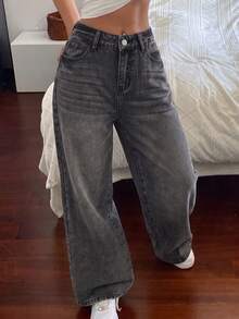 SHEIN EZwear 女款寬腿毛絨復古寬鬆休閒牛仔褲，萬聖節秋季休閒牛仔女郎牛仔褲，返校季 - 黑色 - 查看 4