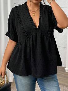 SHEIN CURVE+ 大码夏季休闲纯色荷叶边衬衫 - 黑色 - 查看 8