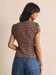 Poéselle Women's V-Neck Plaid Casual Versatile Daily Wear Shirt - Coffee Brown - View 2