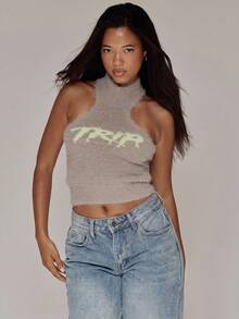MUSERA Grey Knit Graphic Fluffy High Kneck Top - Apricot - View 2