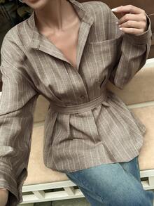 DAZY Women's Small Stand Collar Loose Waist-Cinching Casual Blouse Fall - Khaki - View 2