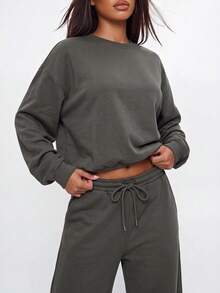 Avantive Women's Solid Color Long Sleeve Top And Drawstring Waist Pants Casual Daily 2-Piece Set - Coffee Brown - View 5