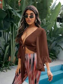 SHEIN VCAY Women's Solid Color Deep V-Neck Front Knot Bell Sleeve Cropped Top For Vacation - Brown - View 4