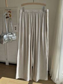 Comfortcana Spring/Summer Vacation Style Beige Apricot Linen Casual Plus Size Women's Striped Pants Fall - Beige - View 2