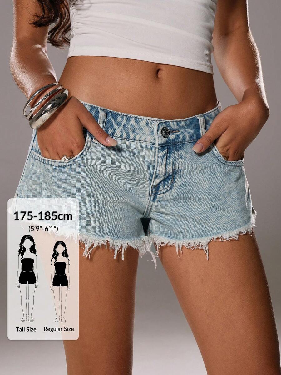 SHEIN Tall 女款休閒街頭風毛邊下擺斜口袋牛仔短褲,適合高個女性度假穿著,淺藍色夏季款 - 淺色水洗藍 - 查看 1