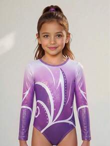 SHEIN Young Girls Activewear Purple Ombre Shiny Leotard, Long Sleeve Bodysuit, Autumn Winter, Training & Competition Fall Winter, Back To School, Dance, Gym - Purple - View 2