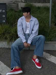 DAZY Spring/Autumn Short Long Sleeve Blue & White Striped Double Zipper Loose Fit Men's Shirt - Blue and White - View 5