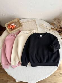 SHEIN LMoss Kids 女童 3件組 針織素色圓領寬鬆休閒秋季衛衣套裝 - 黑色 - 查看 5