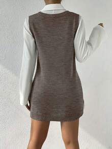 EURMUSE Women's Solid Color V-Neck Sleeveless Sweater Dress - Mocha Brown - View 2