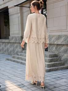 Mulvari 女款法式白色蕾絲刺繡拼接上衣與裙子兩件套 - 杏色 - 查看 2