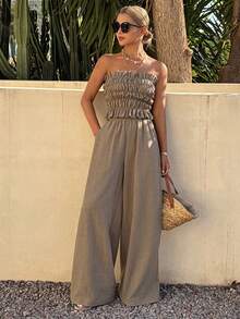 DAZY Women's Solid Color Ruched Bandeau Top And Long Pants Casual Tropical Daily 2 Pieces Set Summer Vacation Khaki - Brown - View 4