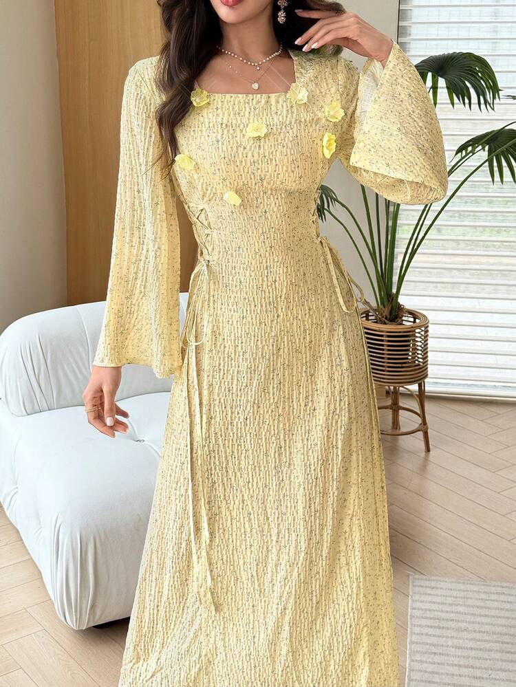 Yasmyna Gaun Arab Wanita Elegan Motif Bunga Kecil, Leher Persegi, Lengan Panjang, Desain Ikat Samping, Resleting di Bagian Bawah, Belahan, Warna Kuning untuk Liburan - Kuning - View 4