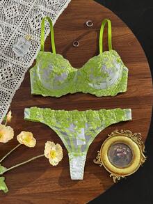 SHEIN 粉色浪漫女款鋼圈內衣內褲套裝 2件組 - 綠色 - 查看 1
