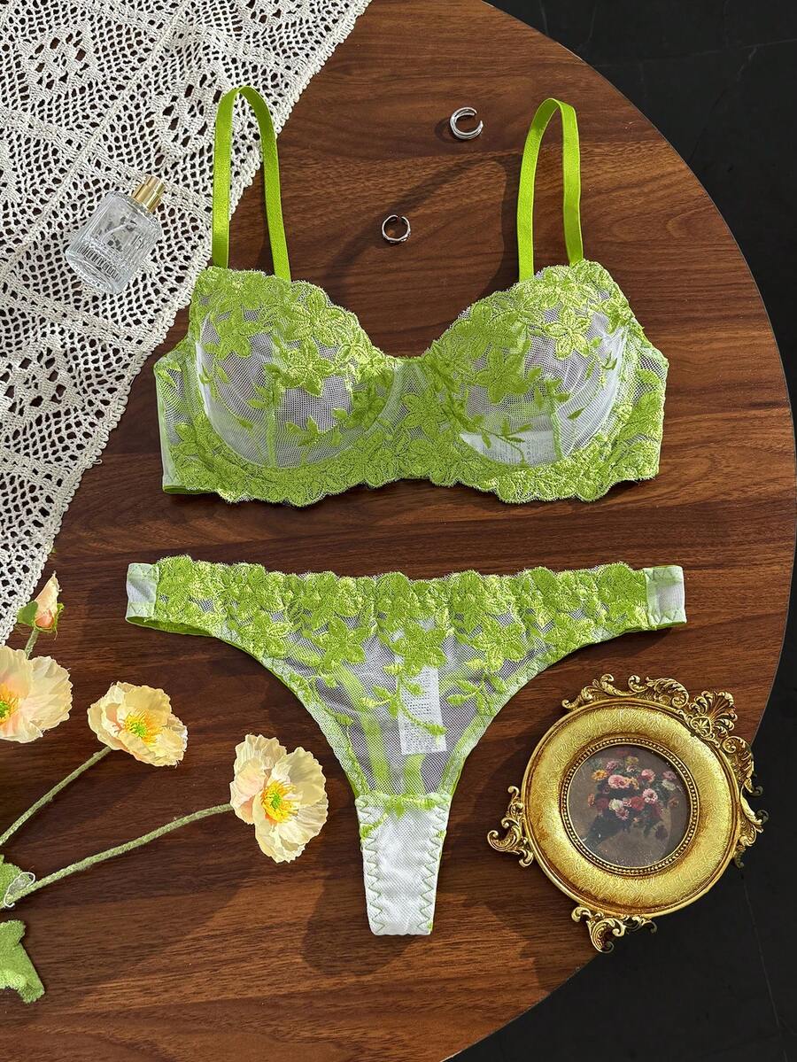SHEIN 粉色浪漫女款鋼圈內衣內褲套裝 2件組 - 綠色 - 查看 1