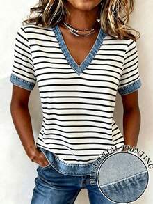 GlowEve CURVE Plus Size Women's V-Neck Effect Patchwork Striped Short Sleeve Shirt, Summer - Multicolor - View 4