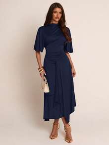 SHEIN BAE Autumn Solid Navy Blue Semi-High Neck Cape Sleeve Cinched Waist Asymmetrical Hem Mid-Length Women's Dress Elegant Bachelorette Party Wedding - Navy Blue - View 6
