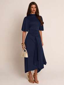 SHEIN BAE Autumn Solid Navy Blue Semi-High Neck Cape Sleeve Cinched Waist Asymmetrical Hem Mid-Length Women's Dress Elegant Bachelorette Party Wedding - Navy Blue - View 7
