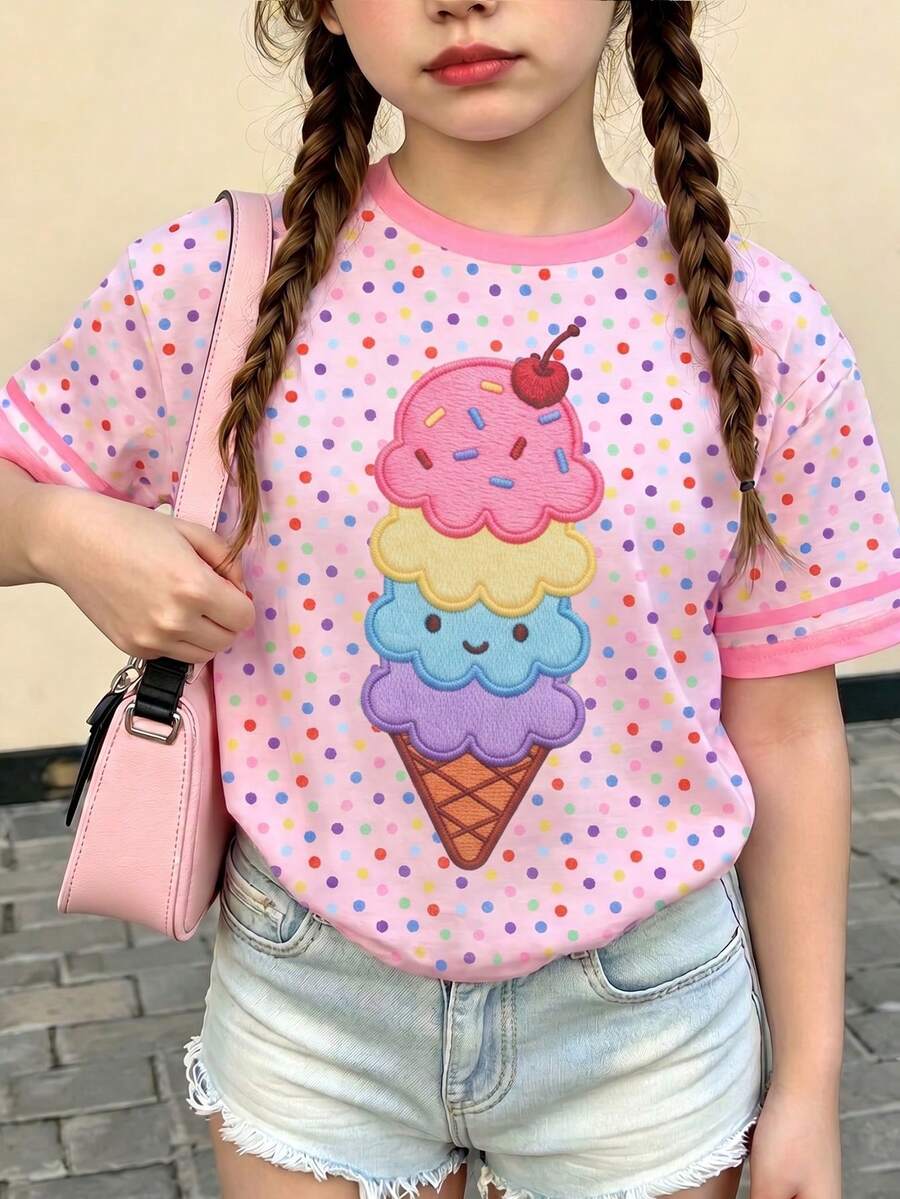 Tween女孩休閒簡約可愛夏季冰淇淋圖案,彩色波點印花,甜美奶油風,度假風,短袖圓領T恤適合夏天,圖案T恤,舒適,上衣,Y2K,Kawaii,可愛 - 彩色 - 查看 1