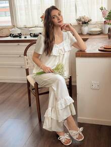 Snug Reverie Women's Square Neck Embroidered Ruffle Short Sleeve Top And Long Pants Pajama Set - Apricot - View 5