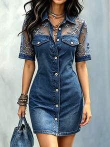 LUMIGAL Women's Patchwork Embroidered Mesh Single-Breasted Short Dress - Blue - View 4