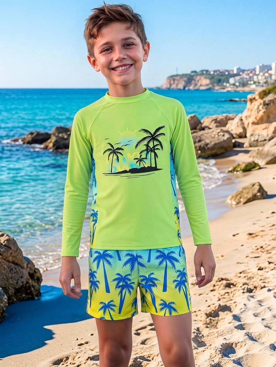 SHEIN 青少年男孩泳裝 鮮豔衝浪風 螢光綠主色 胸前黑色棕櫚樹太陽海鷗島嶼剪影印花 側邊藍黃漸層棕櫚樹印花 圓領長袖剪裁 褲子藍黃漸層底色配藍色棕櫚樹印花 2件組 時尚休閒 適合游泳、夏季度假、海邊沙灘、泳池夏季假期派對 - 綠色 - 查看 1