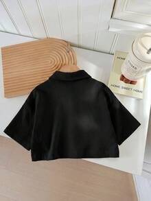 SHEIN LMoss Kids LMoss 女童編織素色寬鬆短版休閒襯衫 - 黑色 - 查看 2