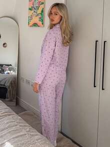 DAZY Women's Ditsy Floral Short Top & Long Pants 2 Pieces Pajama Set, Summer Autumn Winter - Mauve Purple - View 2