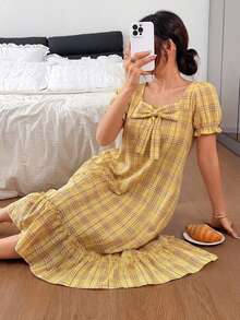 DAZY 女款格紋蝴蝶結裝飾休閒日常居家洋裝 - 黃色 - 查看 3
