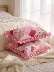 SHEIN 1 Piece, Retro Patchwork Ruffle Edge Pillow Cover, Ambient Flower Cushion Cover, Sofa Bedroom Home Decoration 30 * 50cm/45 * 45cm 3 Optional - Multicolor - View 12