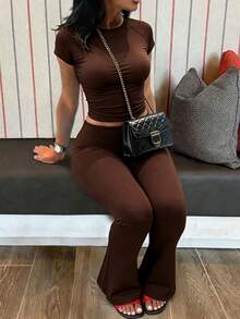 INAWLY Solva Women's Solid Color Raglan Short Sleeve T-Shirt And Flare Pants Casual 2 Pieces Set - Coffee Brown - View 1