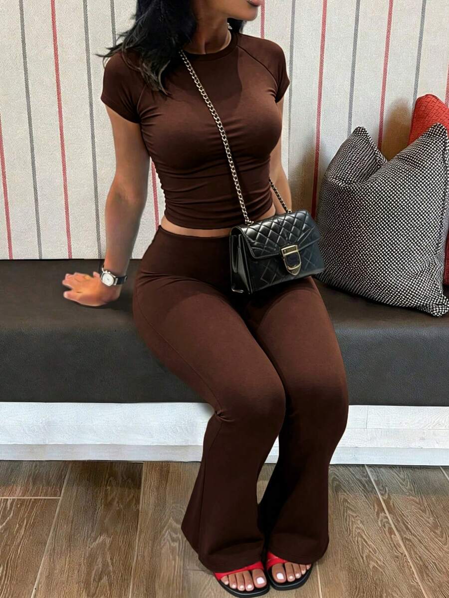 INAWLY Solva Women's Solid Color Raglan Short Sleeve T-Shirt And Flare Pants Casual 2 Pieces Set - Coffee Brown - View 1