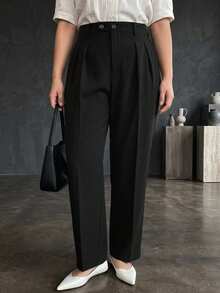 Dazy Plus Plus Size Solid Color Fitted Business Casual Versatile Ankle-Length Black Spring/Autumn Trousers Dress Pants - Black - View 6