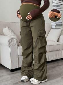 SHEIN Maternity Solid Color Adjustable Waist Pleated Loose Cargo Pants Fall - Green - View 1