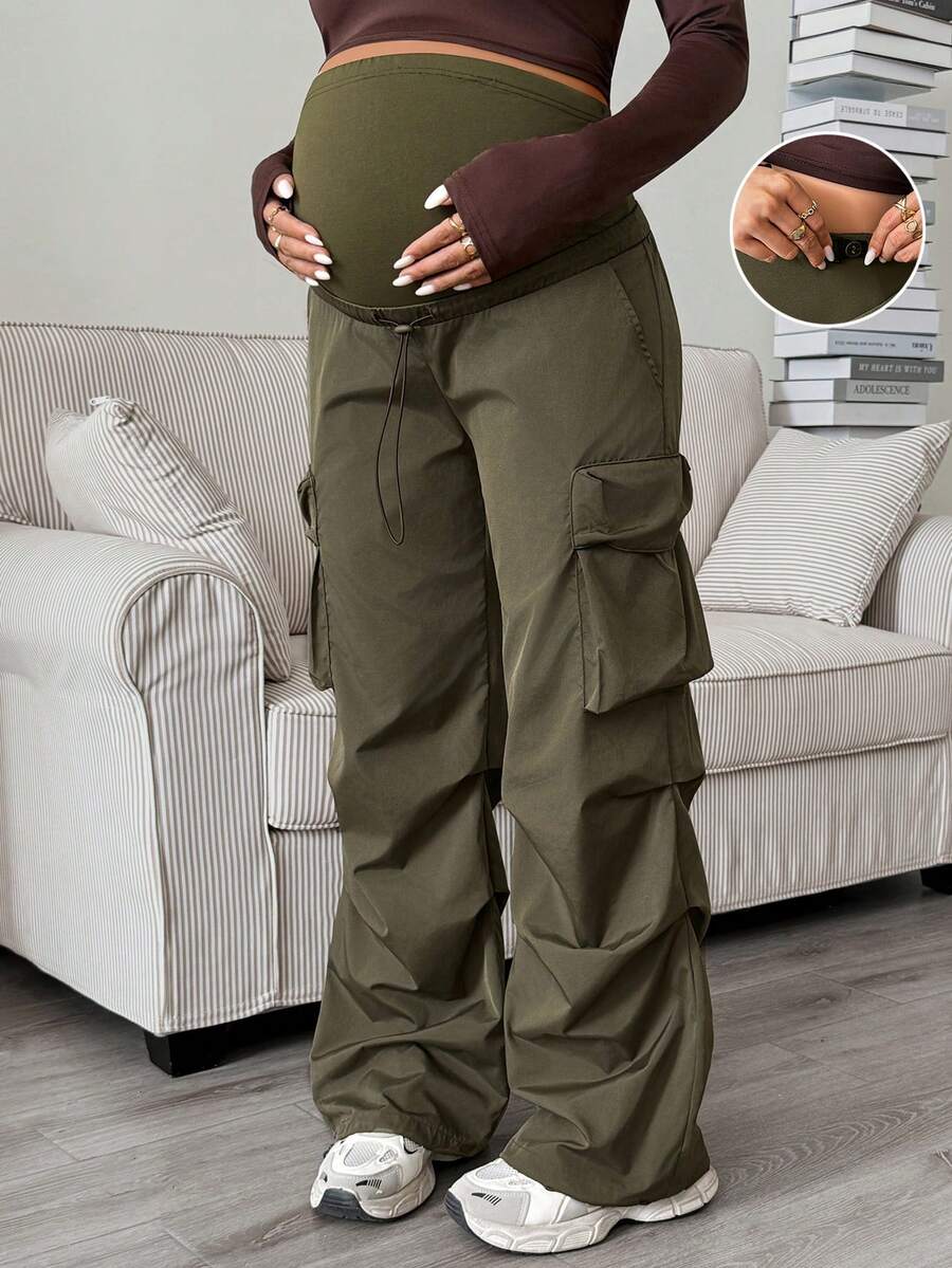 SHEIN Maternity Solid Color Adjustable Waist Pleated Loose Cargo Pants Fall - Green - View 1