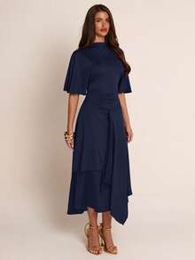 SHEIN BAE Autumn Solid Navy Blue Semi-High Neck Cape Sleeve Cinched Waist Asymmetrical Hem Mid-Length Women's Dress Elegant Bachelorette Party Wedding - Navy Blue - View 3