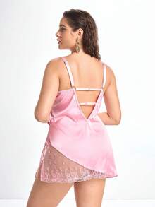 Slumbrini Rosa besticktes Satin-Nachthemd mit tiefem V-Ausschnitt, Schlitz, Bindegürtel an der Taille, figurschmeichelndem Schleifenmuster, romantisch-pastoral, Große Größen - Pink - Übersicht 2