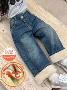 SHEIN Young Girl Y2K復古藍色丹寧刷毛內裡不對稱腰寬鬆長褲，秋冬款 - 深色水洗藍 - 查看 10