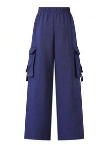 SHEIN 少女純色彈性腰工裝口袋百褶寬腿長褲 - 藍色 - 查看 2