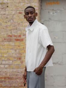 BelSigned BelSigned Men's Casual Loose Striped Short Sleeve Shirt, Spring To Summer - White - View 5