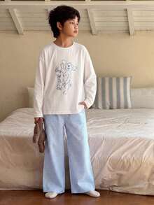 DAZY 青少年男孩卡通印花長袖上衣與條紋長褲家居服 - 藍白色 - 查看 6