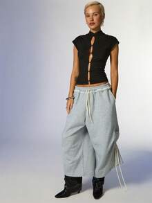 COUREZ Cap Sleeve Cut Out Jersey Top, Y2K Autumn Going Out Black Top - Black - View 1