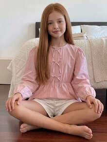 Hapijoa Tween Girls Round Neck Pullover Bow Decor Long Sleeve Autumn Waist-Cinching Blouse - Pink - View 10