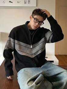 DAZY Black & Gray Colorblock Zip-Up Cardigan With Cuffed Hem And Sleeves, Loose Fit For Men - Multicolor - View 1