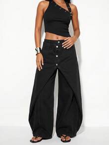 Normani Women's Double Waistband Pocket Wide Leg Loose Casual Denim Jeans - Black - View 6
