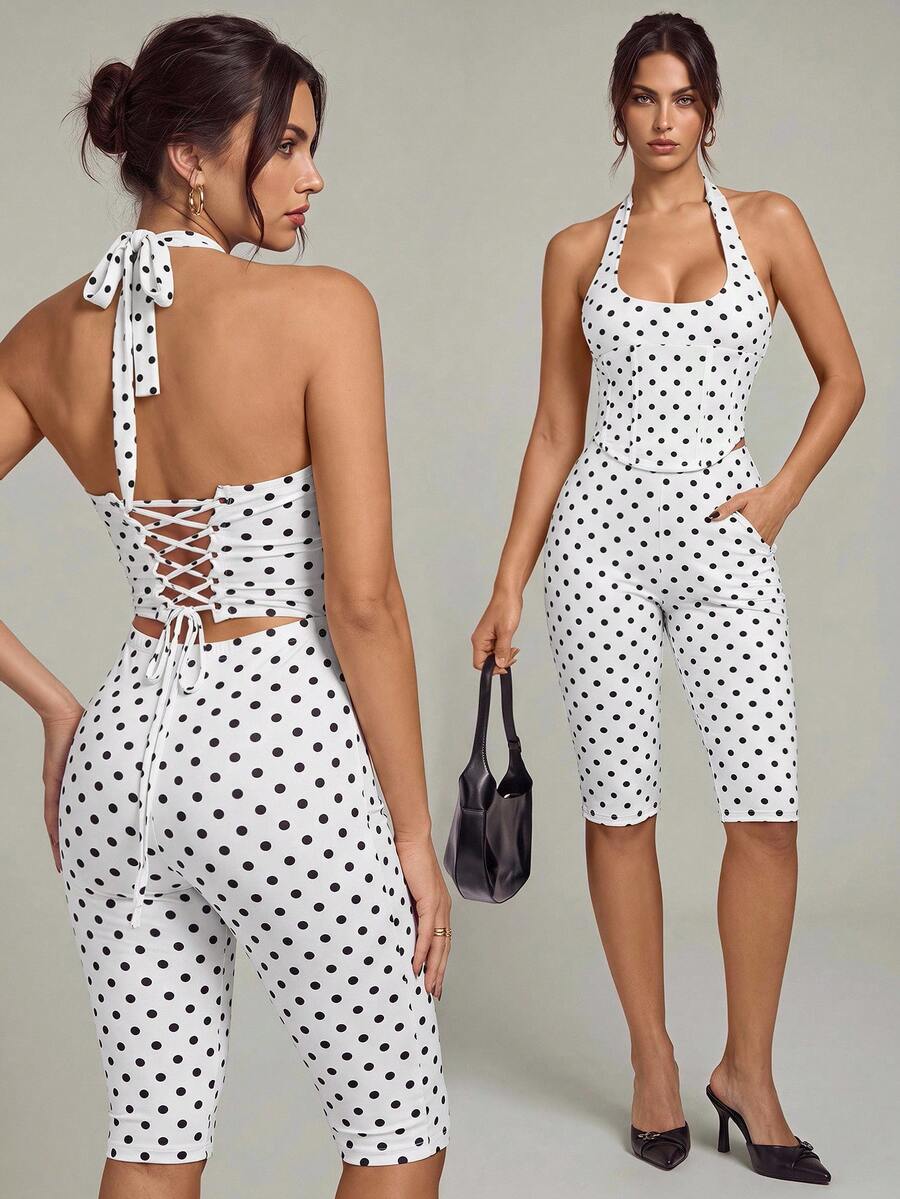 SHEIN Tall Summer Elegant Polka Dot Print Backless Halter TopBermuda Shorts 2 Pieces Set - White - View 1