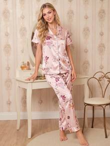Amorya Set Pakaian Santai Wanita Elegan dengan Kardigan Berkerah Motif Bunga Bahan Sutra Imitasi Lengan Pendek - MultiWarna - View 1