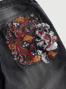 ROMWE MEN 男士刺繡圖案寬鬆版牛仔褲 - 黑色 - 查看 2