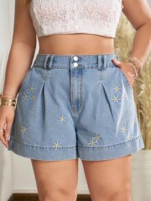 SHEIN Essnce Plus Size Women's Embroidered Pocket Casual Decent Light Blue Denim Shorts Vacation Formal Summer - Light Wash - View 3